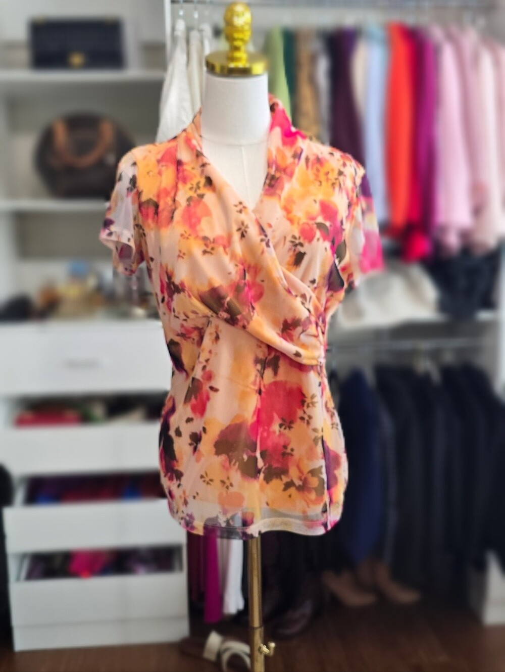 Floral Wrap-Style Short Sleeve Top - Peach & Pink